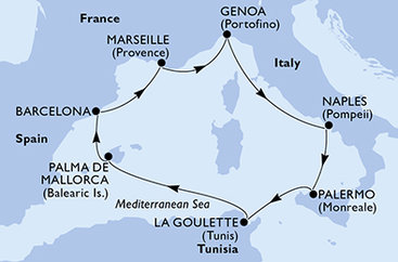 Španielsko, Francúzsko, Taliansko, Tunisko z Barcelony na lodi MSC Splendida