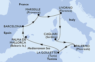 Taliansko, Tunisko, Španielsko, Francúzsko z Palerma na lodi MSC Splendida