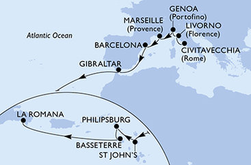 Taliansko, Francúzsko, Španielsko, Gibraltár, Antigua a Barbuda, Svatý Martin, Svätý Krištof a Nevis, Dominikánska republika z Civitavechie na lodi MSC Opera