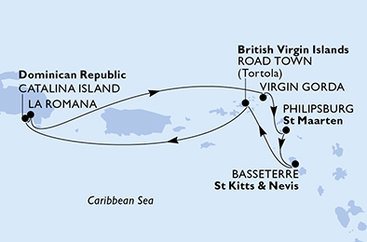 Dominikánska republika, Veľká Británia, Svatý Martin, Svätý Krištof a Nevis, Britské Panenské ostrovy z La Romany na lodi MSC Opera