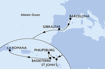 Španielsko, Gibraltár, Antigua a Barbuda, Svatý Martin, Svätý Krištof a Nevis, Dominikánska republika z Barcelony na lodi MSC Opera