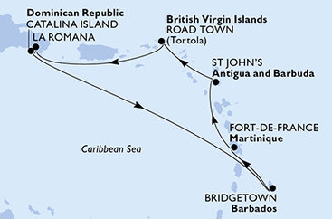 Dominikánska republika, Barbados, Martinik, Antigua a Barbuda, Britské Panenské ostrovy z La Romany na lodi MSC Opera