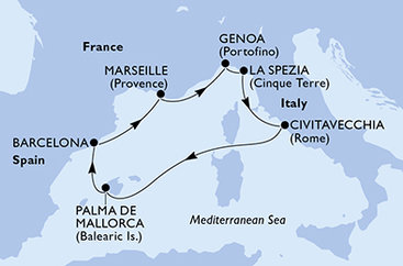 Francúzsko, Taliansko, Španielsko z Marseille na lodi MSC World Europa