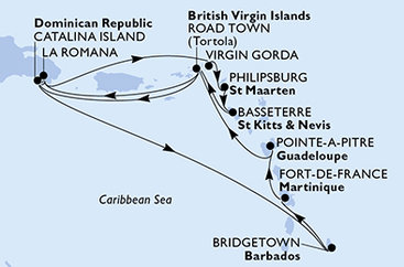 Martinik, Guadeloupe, Britské Panenské ostrovy, Dominikánska republika, Veľká Británia, Svatý Martin, Svätý Krištof a Nevis, Barbados z Fort de France, Martinik na lodi MSC Opera