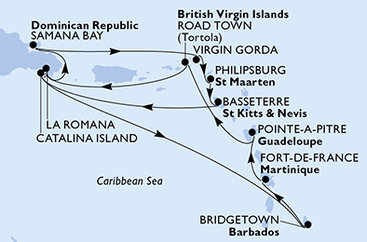 Martinik, Guadeloupe, Britské Panenské ostrovy, Dominikánska republika, Veľká Británia, Svatý Martin, Svätý Krištof a Nevis, Barbados z Fort de France, Martinik na lodi MSC Opera