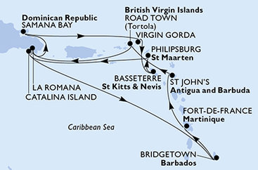Barbados, Martinik, Antigua a Barbuda, Britské Panenské ostrovy, Dominikánska republika, Veľká Británia, Svätý Krištof a Nevis, Svatý Martin z Bridgetownu na lodi MSC Opera