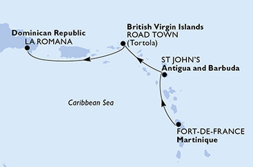 Martinik, Antigua a Barbuda, Britské Panenské ostrovy, Dominikánska republika z Fort de France, Martinik na lodi MSC Opera