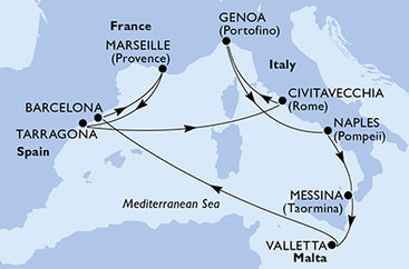 Francúzsko, Tarragona, Taliansko, Sicília, Malta, Španielsko z Marseille na lodi MSC Magnifica
