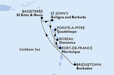 Barbados, Svätý Krištof a Nevis, Antigua a Barbuda, Dominika, Martinik, Guadeloupe z Bridgetownu na lodi MSC Virtuosa