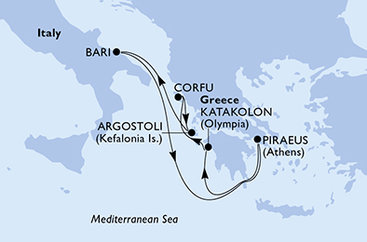 Grécko, Kefalonie, Taliansko z Pireusu na lodi MSC Sinfonia