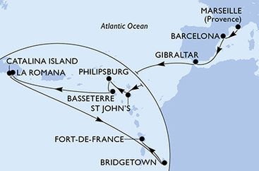 Francúzsko, Španielsko, Gibraltár, Antigua a Barbuda, Svatý Martin, Svätý Krištof a Nevis, Dominikánska republika, Barbados, Martinik z Marseille na lodi MSC Opera