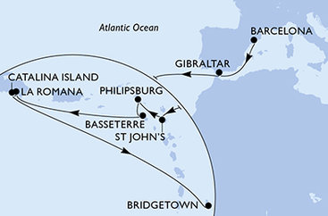 Španielsko, Gibraltár, Antigua a Barbuda, Svatý Martin, Svätý Krištof a Nevis, Dominikánska republika, Barbados z Barcelony na lodi MSC Opera