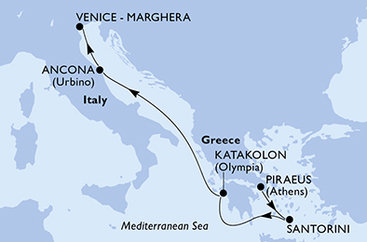 Grécko, Taliansko z Pireusu na lodi MSC Lirica