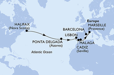 Kanada, Portugalsko, Španielsko, Francúzsko z Halifaxu na lodi MSC Meraviglia