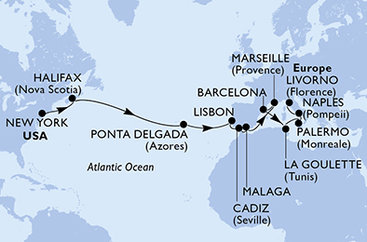 USA, Kanada, Portugalsko, Španielsko, Francúzsko, Tunisko, Taliansko z New Yorku na lodi MSC Meraviglia