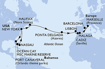 USA, Bahamy, Kanada, Portugalsko, Španielsko, Francúzsko z New Yorku na lodi MSC Meraviglia