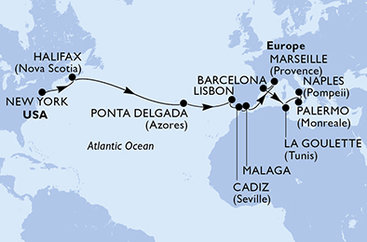 USA, Kanada, Portugalsko, Španielsko, Francúzsko, Tunisko, Taliansko z New Yorku na lodi MSC Meraviglia