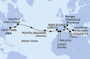 USA, Kanada, Portugalsko, Španielsko, Francúzsko, Tunisko, Taliansko z New Yorku na lodi MSC Meraviglia