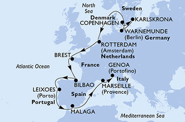 Dánsko, Švédsko, Nemecko, Holandsko, Francúzsko, Španielsko, Portugalsko, Taliansko z Kodaně na lodi MSC Magnifica