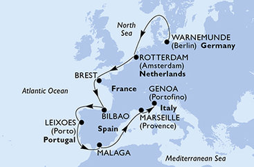 Nemecko, Holandsko, Francúzsko, Španielsko, Portugalsko, Taliansko z Warnemünde na lodi MSC Magnifica