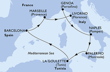 Taliansko, Tunisko, Španielsko, Francúzsko z Janova na lodi MSC Splendida