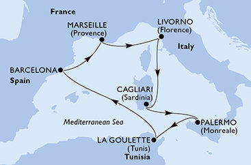 Sicília, Tunisko, Španielsko, Francúzsko, Taliansko, Sardínia z Palerma na lodi MSC Splendida