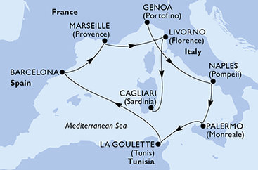 Taliansko, Sicília, Tunisko, Španielsko, Francúzsko, Sardínia z Janova na lodi MSC Splendida
