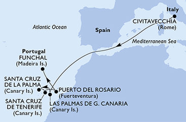 Taliansko, Španielsko, Madeira z Civitavechie na lodi MSC Fantasia