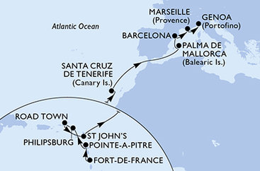 Martinik, Guadeloupe, Svatý Martin, Britské Panenské ostrovy, Antigua a Barbuda, Tenerife, Malorka, Španielsko, Francúzsko, Taliansko z Fort de France na lodi MSC Seaview