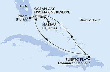 USA, New Providence, Ocean Cay, Dominikánska republika z Miami na lodi MSC Meraviglia