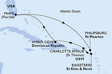 USA, Svatý Martin, Svätý Krištof a Nevis, Dominikánska republika z Miami na lodi MSC Meraviglia