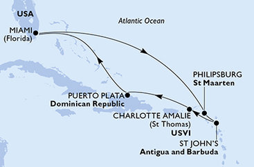 USA, Svatý Martin, Antigua a Barbuda, Dominikánska republika z Miami na lodi MSC Meraviglia