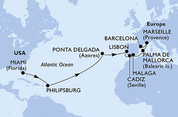 USA, Svatý Martin, Portugalsko, Španielsko, Malorka, Francúzsko z Miami na lodi MSC Meraviglia