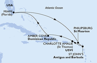USA, Svatý Martin, Antigua a Barbuda, Dominikánska republika z Miami na lodi MSC Meraviglia