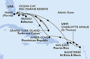 USA, Veľká Británia, Bahamy, Svätý Krištof a Nevis, Dominikánska republika z Miami na lodi MSC Meraviglia