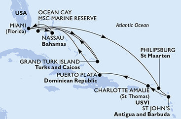 USA, Veľká Británia, Bahamy, Svatý Martin, Antigua a Barbuda, Dominikánska republika z Miami na lodi MSC Meraviglia