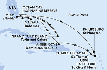 USA, Svatý Martin, Svätý Krištof a Nevis, Dominikánska republika, Bahamy, Veľká Británia z Miami na lodi MSC Meraviglia
