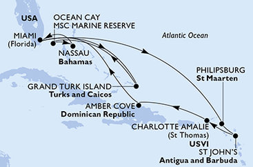 USA, Svatý Martin, Antigua a Barbuda, Dominikánska republika, Veľká Británia, Bahamy z Miami na lodi MSC Meraviglia