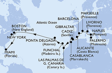 Taliansko, Francúzsko, Španielsko, Gibraltár, Maroko, Madeira, Portugalsko, USA z Palerma na lodi MSC Meraviglia