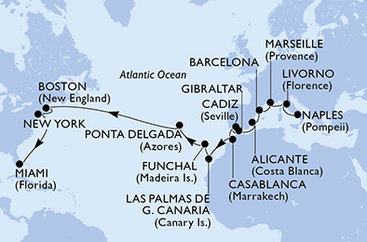 Taliansko, Francúzsko, Španielsko, Gibraltár, Maroko, Madeira, Portugalsko, USA z Neapolu na lodi MSC Meraviglia