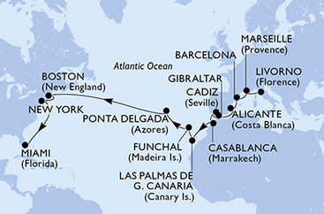 Taliansko, Francúzsko, Španielsko, Gibraltár, Maroko, , Madeira, Portugalsko, USA z Livorna na lodi MSC Meraviglia