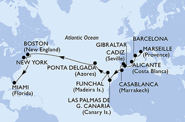 Francúzsko, Španielsko, Gibraltár, Maroko, , Madeira, Portugalsko, USA z Marseille na lodi MSC Meraviglia
