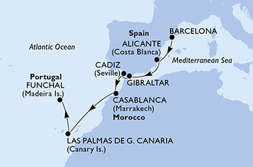 Španielsko, Gibraltár, Maroko, Madeira z Barcelony na lodi MSC Meraviglia