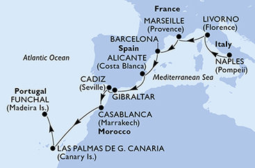Taliansko, Francúzsko, Španielsko, Gibraltár, Maroko, Gran Canaria, Madeira z Neapolu na lodi MSC Meraviglia