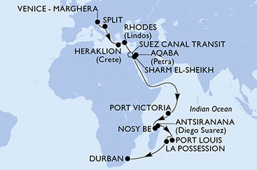 Taliansko, Chorvátsko, Kréta, Grécko, Egypt, Jordánsko, Seychely, Madagaskar, Maurícius, Reunion, Juhoafrická republika z Marghery na lodi MSC Armonia