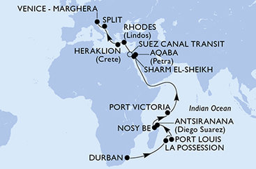 Juhoafrická republika, Reunion, Maurícius, Madagaskar, Seychely, Jordánsko, Egypt, Grécko, Kréta, Chorvátsko, Taliansko z Durbanu na lodi MSC Armonia