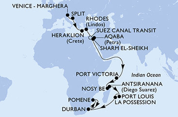 Taliansko, Chorvátsko, Kréta, Grécko, Egypt, Jordánsko, Seychely, Madagaskar, Maurícius, Reunion, Juhoafrická republika, Mozambik z Marghery na lodi MSC Armonia