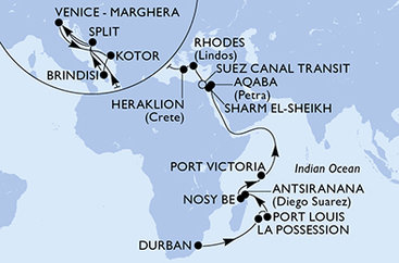 Juhoafrická republika, Reunion, Maurícius, Madagaskar, Seychely, Jordánsko, Egypt, Grécko, Kréta, Chorvátsko, Taliansko, Čierna Hora z Durbanu na lodi MSC Armonia