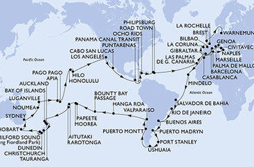 Taliansko, Francúzsko, Španielsko, Gibraltár, Maroko, Kapverdy, Brazília, Argentína, Zámořské území Velké Británie, Chile, Francouzská Polynésie, Cookovy ostrovy, Nový Zéland, Austrália, Nová Kaledonie, Vanuatská republika, Samoa, Americká Samoa, USA, Mexiko, Kostarika, Panama, Jamajka, Britské Panenské ostrovy, Svatý Martin, Nemecko z Janova na lodi MSC Magnifica