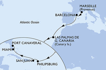 Francúzsko, Španielsko, Svatý Martin, USA z Marseille na lodi MSC Grandiosa
